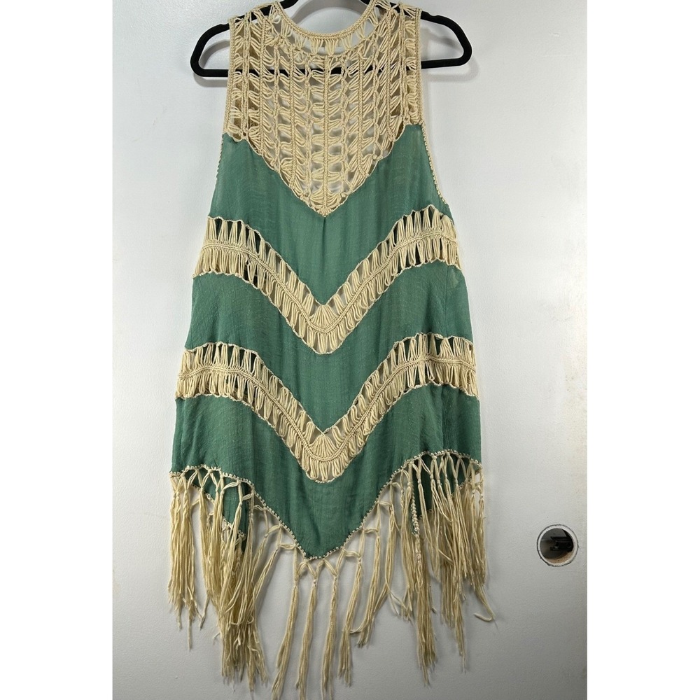 Umgee Boho Fringe Vest Green Cream Crochet Chevron Open Front Sleeveless Medium - Picture 5 of 8